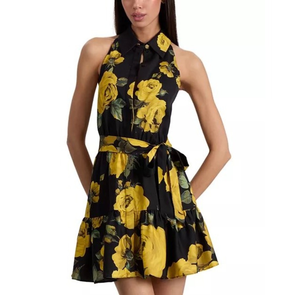 Alice + Olivia Miranda floral tie-waist halter minidress 14 Black Yellow NWT